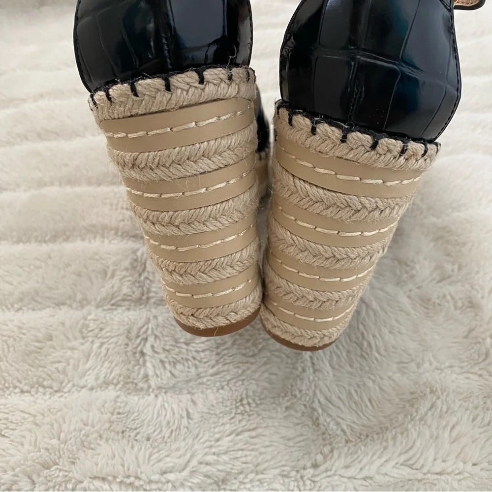 Lauren Ralph Lauren Hale II Black Leather Croc Espadrille Wedges Size 9.5